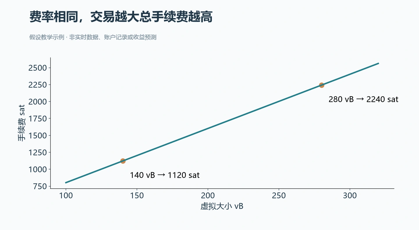 假设实际费率8 sat/vB:140vB为1120sat,280vB为2240sat;钱包构造前显示的只是估算。